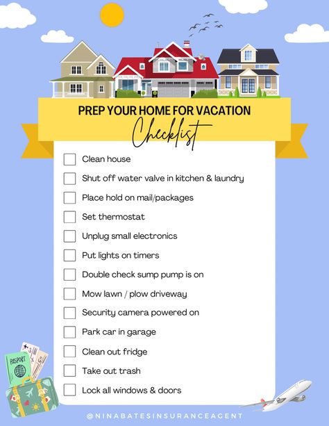 Keeping your home safe while you’re away can be a stressful time. With this pre-vacation list of things to check off before your next vacation you can be sure you’ll return to an intact home. Prep Checklist, House Checklist, Vacation List, Vacation Checklist, Clean Garage, Cleaning List, Water Valves, Sump Pump, List Of Things