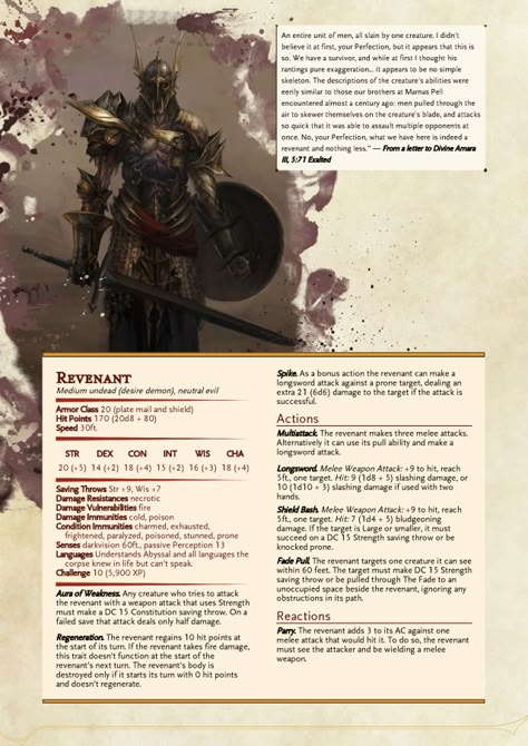 Undead knight revenant. CP 10 Scarecrow Dnd 5e, Revenant Dnd, Dnd Enemies, Homebrew Monsters, 5e Monsters, Dnd Stats, Dnd Monster, Dnd Creatures, Monster Manual