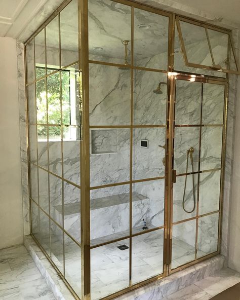 All Posts • Instagram Brass Framed Shower Door, Brass Shower Enclosure, Shower Enclosure Ideas, Grid Shower Door, Gold Shower Door, Framed Shower Enclosure, Brass Shower Door, Glass Shower Wall, Custom Shower Doors