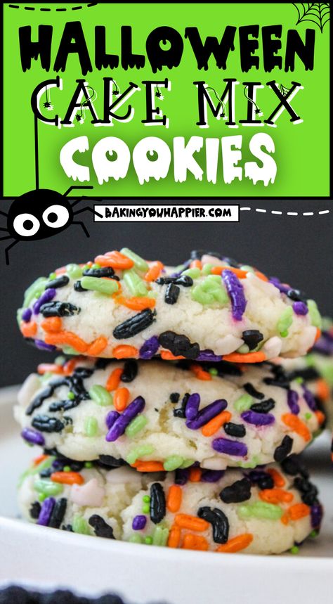 Halloween Sprinkle Cake Mix Cookies, make treats with this easy trick using a boxed cake mix! Kids will love rolling the dough in sprinkles! Halloween Desserts Cake, Funfetti Cake Mix Recipes, Funfetti Cake Mix Cookies, Halloween Cakes Easy, Halloween Punch Recipes, Mix Kids, Easy Halloween Cookies, Cake Mix Cookie Bars, Cake Box Cookies