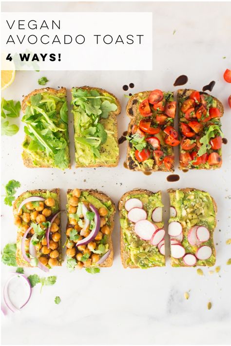 Avocado Toast Recipes -- All vegan and so easy to make, these avocado toast flavors are the BEST healthy breakfast or snack! Lemon arugula, tomato and balsamic, BBQ chickpeas, and super seedy avocado toast. #avocadotoast #veganavocadotoast #veganbreakfast #healthybreakfast | Mindful Avocado Vegan Avocado Toast, Avocado Toast Recipes, Best Healthy Breakfast, Unprocessed Recipes, Toast Aperitif, Best Vegan Breakfast, Bbq Chickpeas, Vegan Scones, Avocado Vegan