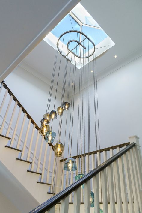 Chandelier From Skylight, Stairs Chandelier, Stairwell Chandelier, Spiral Chandelier, Chandelier Designs, Skylight Design, Stairwell Lighting, Roof Lantern, Staircase Lighting