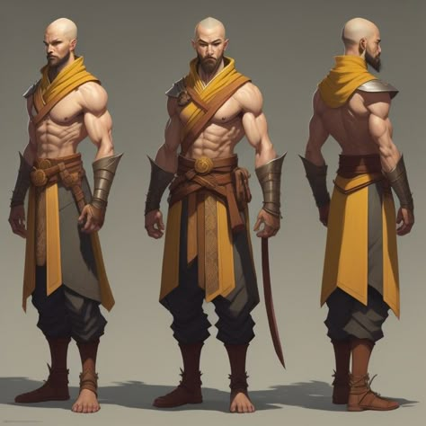 Monk Clothing Dnd, Hadozee Monk, Monk Poses Reference, Monk Gauntlets, Bald Warrior, Fantasy Clothing Male, Monk Character Design, Monk Clothing, Bald Characters