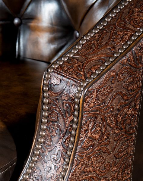 Our Cowboy Western Leather Swivel Chair features striking western stamped leather with button tufted accents on the inside back. This luxury western style swivel chair is a unique and truly striking addition to any living area. The hand antiqued leather on this fine leather chair is sure to catch eyes and dominate attention. This beautiful swivel chair echoes some of the finest design tenets found in the American West, pairing striking earth tones with quality American Craftsmanship. True top-gr Cowboy Furniture, Western Lamps, Western Chair, Sunroom Decor, White Bison, Sunroom Decorating, Leather Sofa Living Room, Rustic Luxe, Leather Swivel Chair