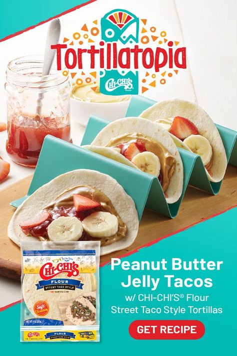 Upgrade your PB&J to a tasty PB&JT with this super easy, super enjoyable lunchbox idea or kids after school snack. This sweet twist also makes a great breakfast taco! Breakfast Taco, After School Snack, Street Tacos, School Snack, Peanut Butter Jelly, Breakfast Tacos, After School Snacks, After School, Super Easy