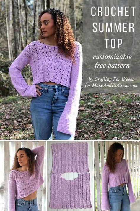 Customizable Crochet Summer Top - Free Pattern + Tutorial #makeanddocrew #freecrochetpattern #crochetsweaterpattern Summer Top Pattern, Lacy Crochet, Make And Do Crew, Crochet Bell Sleeve, Crochet Sweater Pattern Free, Diy Vetement, Crochet Clothing And Accessories, Crochet Summer Tops, Tutorial Crochet