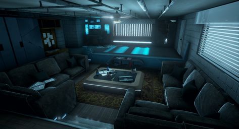 Sci Fi Living Room, Sci Fi House, Sci Fi Furniture, Cyberpunk Apartment, Cyberpunk Interior, Futuristic Room, Cyberpunk Room, Scifi Interior, Art Cyberpunk