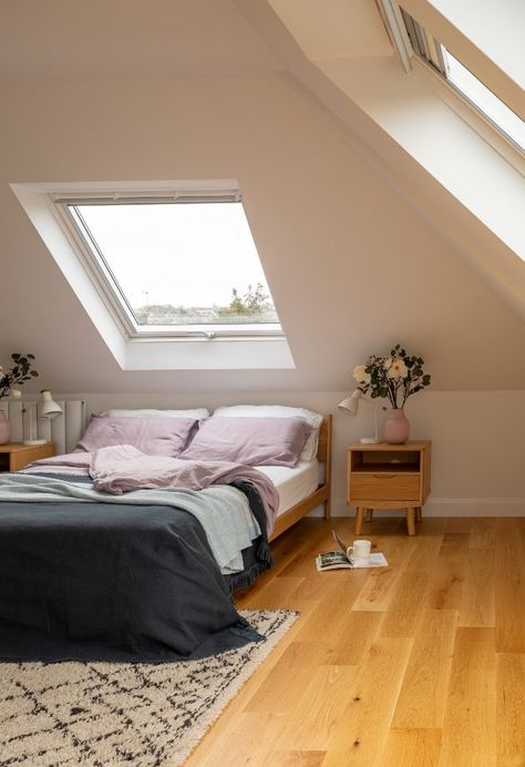 Velux Windows Bedroom, Loft Conversion Uk, Bed Under Sloped Ceiling, Irish Farmhouse Renovation, Velux Loft Conversion, Sloped Ceiling Bedroom Ideas, Ceiling Bedroom Ideas, Window Above Bed, Sloped Ceiling Bedroom