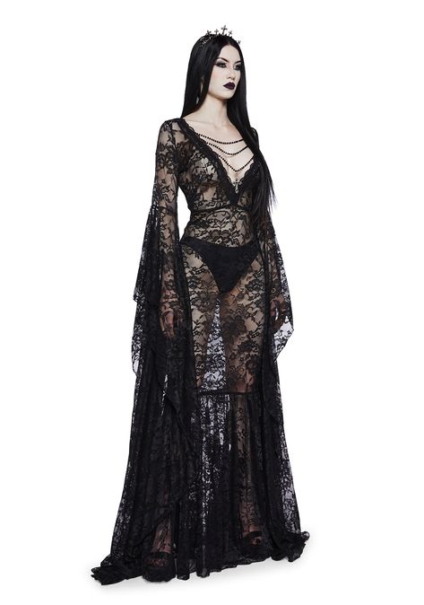 you’re a Victorian splendor in the shadows. This maxi dress has a lace construction, a v-neckline with chain detail and dangling cross charm, long floor-length flare sleeves, and side zipper closure. Witch Long Dress, Gothic Black Dress Long, Black Lace Gothic Dress, Black Gothic Long Dress, Black Spiderweb Dress, Long Black Veil, Long Lace Black Dress, Cobweb Dress, Goth Victorian Dress