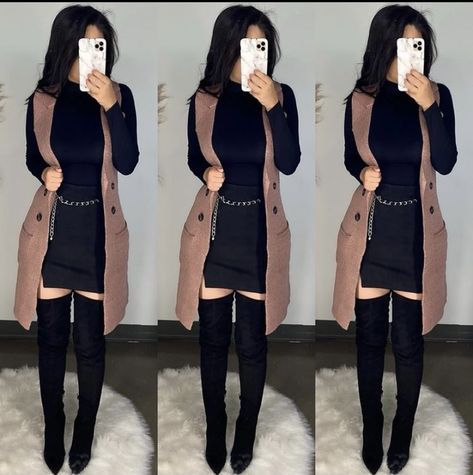 Curvy Sweater Dress Outfit, Dressy Casual Outfits Party, Long Boots Outfit Dress, Black Thigh High Boots Outfit, Boots And Dress, Warm Tights, Chunky Sweaters, Stylish Winter Outfits, Winter Fashion Outfits Casual