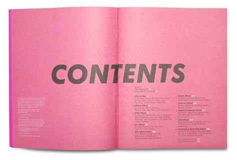 Why Not Associates · Mesmerization Cool Table Of Contents Layout Design, Fashion Portfolio Cover Page, Contents Page Design, Process Book, Zine Ideas, 잡지 레이아웃, Contents Page, Pink Book, Yearbook Design