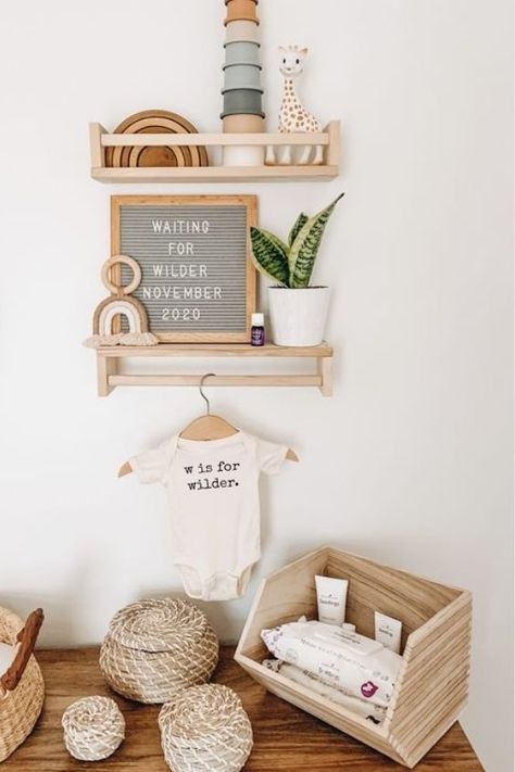 Mirror And Floating Shelves Nursery, Nursery Wall Shelf Ideas, Nursery Floating Shelves, Nursery 2024, Boho Baby Nursery, Nursery Reveal, Baby Nursery Inspiration, Baby Room Neutral, Nursery Room Design