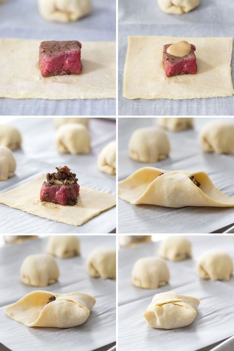 Mini Beef Wellington Bites Jeff Mauro, Small Beef Wellington, Roast Beef Puff Pastry, Miniature Beef Wellington, Petite Beef Wellingtons, Meat Roll Ups Appetizers, Winter Starters Recipes, Mini Wellington Appetizers, Puff Pastry Cheesecake Bites