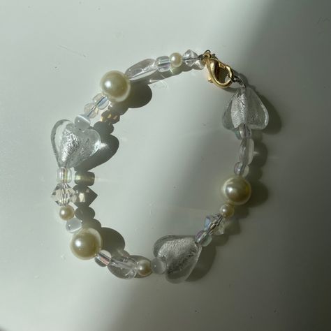 clear white beads Heart Bead Bracelet, Beaded Charms, Clear Heart, Bracelet Inspo, Heart Beads, Heart Bracelet, Bead Bracelet, Bead Charms, Pearl Necklace