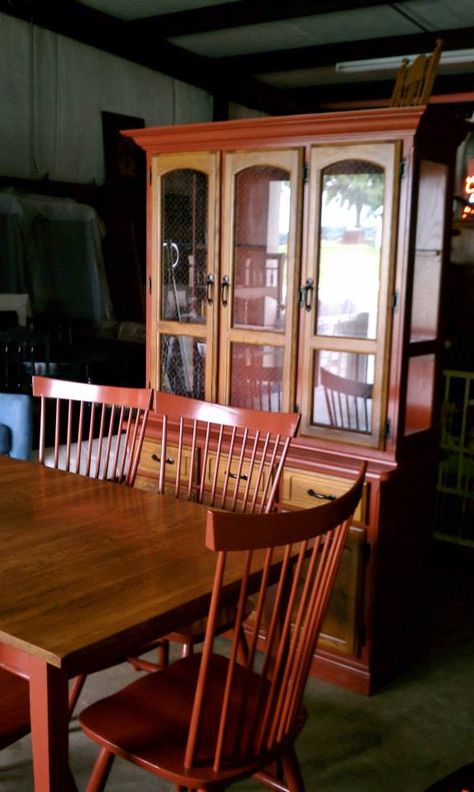 recreated by Katee Farm Dining Room Table and 6 chairs done in barn red and oak table top and the China Cabinet is done in barn red with doors and drawers all oak, cabinet has black hardware and it's lighted. FOR SALE $1250 SET This is a very high quality windsor dining room set. it is all genuine hardwood oak. You could expect to pay $3000 in the furniture store like ethan allen. Red Painted Dining Chairs, Farm Dining Room Table, Farm Dining Room, Painted Oak Table, Farm Table Dining Room, Painted Dining Room Table, Table Redo, Oak Chairs, Kitchen Cupboards Paint