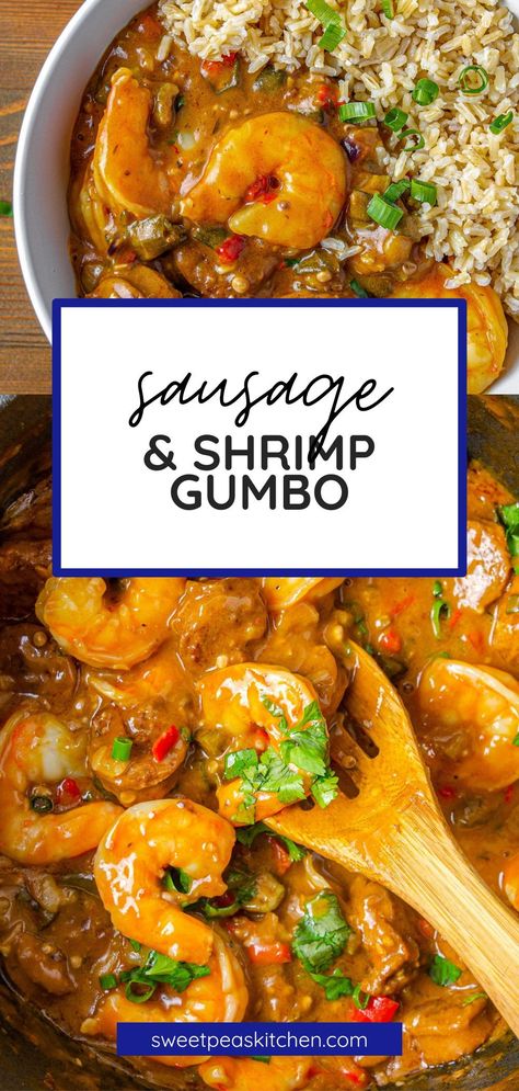 This sausage and shrimp gumbo is one of my favorites. It’s flavorful and hearty, and best of all, it only takes about 30 minutes to make - perfect for busy weeknights! Smothered Okra With Shrimp And Sausage, Sausage Gumbo Soup, Shrimp And Sausage Gumbo Recipe, Cajun Gravy, Sausage And Shrimp Gumbo, Shrimp Gumbo Recipe, Grilled Pork Chops Marinade, Sausage Gumbo Recipe, Gumbo Recipe Easy