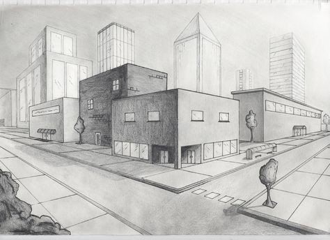 Picture 2 Point Perspective City, Linear Perspective Drawing, 2 Point Perspective Drawing, Linear Perspective, 2 Point Perspective, Perspective Drawings, School Drawing, Illustration Art Nouveau, Perspective Sketch