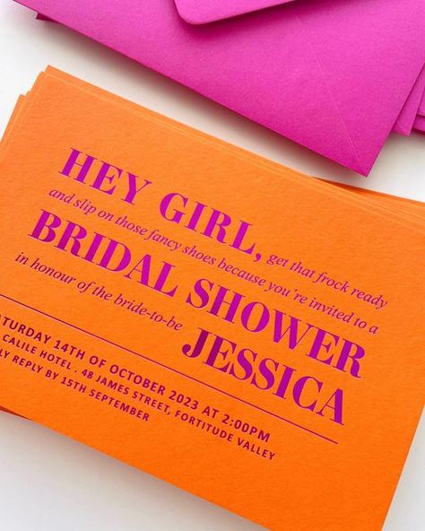 Bridal Shower Bright Colors, Colourful Bridal Shower Ideas, Bright Hens Party, Modern Invite Design, Pink Orange Bridal Shower Theme, Pink And Orange Invitations, Colourful Invitations, Orange And Pink Bridal Shower, Orange And Pink Bridal Shower Ideas