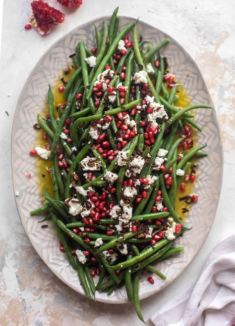 Christmas Green Beans Recipe, Holiday Green Bean Recipes, Mustard Green Beans, Pomegranate Goat Cheese, Christmas Green Beans, Holiday Green Beans, Maple Mustard Vinaigrette, Blanched Green Beans, Green Beans With Cranberries