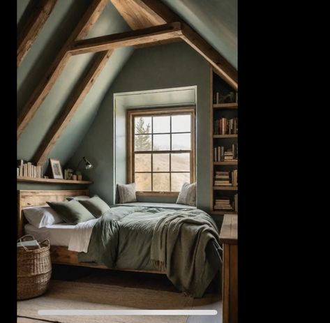 Green Attic Bedroom, Evergreen Bedroom, Sleeping Room Ideas, Grey Green Bedroom, Bedroom Ideas Chic, Sage Green Farmhouse Bedroom, Green And Grey Bedroom Ideas, Green Farmhouse Bedroom, Bedroom Ideas Trendy