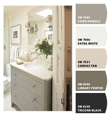 Bathroom Colors Schemes, Color Palette For Home, Tan Bathroom, Farmhouse Exterior Colors, Bathroom Color Palette, Walk In Shower Designs, Farmhouse Paint Colors, Farmhouse Paint, Farm House Colors