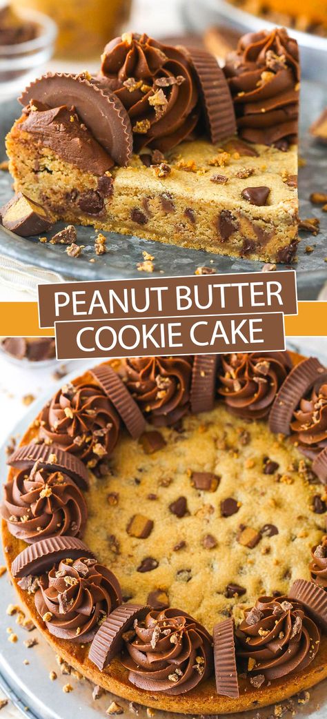 Prepare to be obsessed with this Peanut Butter Cookie Cake. It’s a giant, moist, chewy peanut butter cookie stuffed with chocolate chips and Reese’s. As if that weren’t enough, it’s topped with chocolate buttercream and more Reese’s. Oh my! Reese’s Peanut Butter Cookie Cake, Birthday Cake With Cookies On Top, Reese’s Cookie Cake, 2 Layer Cookie Cake, Brookie Birthday Cake, Chocolate Cookie Cake Recipe, Best Cookie Cake Recipe, Cake With Cookies On Top, 30th Birthday Cookie Cake