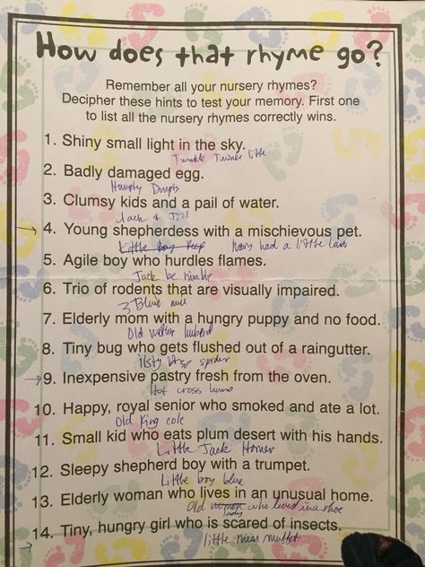 Nursery rhymes guessing game for baby shower Senior Trivia, Dadchelor Party, Baby Shower Mixto, Concert Theme, Baby Shower Game Gifts, Baby Shower Ideas For Boys, Baby Shower Themes Neutral, Game Gifts, Boy Baby Shower Ideas