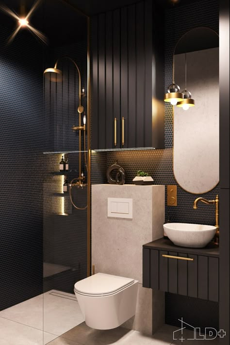 Black And Golden Bathroom Ideas, Dark Washroom Design, Black Theme Bathroom Ideas, Moody Ensuite Bathroom Ideas, Dark Washroom, Black And Gold Toilet, Black Washroom, Dispensary Ideas, Foyer Interior