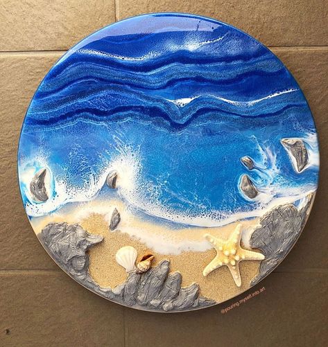 Bottle Cap Resin Tables, Epoxy Resin Beach Wall Art, Epoxy Resin Table Seashells, Epoxi Resin Art, Beach Resin Art Tutorial, Unique Nightstand, Coaster Ideas, Blue Coffee Tables, Resin Beach