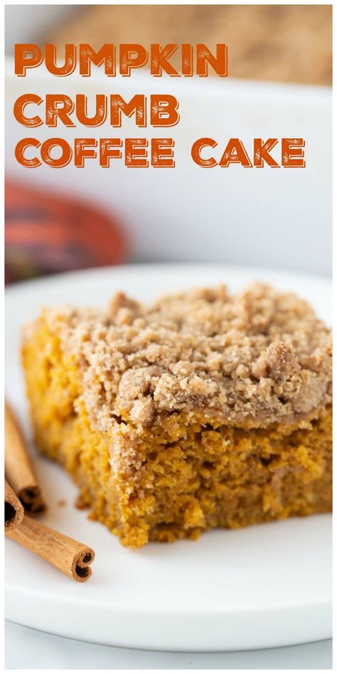 This Pumpkin Coffee Cake recipe tastes like fall. A cozy and generous mix of spices - cinnamon, ginger and nutmeg, along with a rich crumb topping make this coffee cake a perfect, seasonal treat.  via @cmpollak1 Pumpkin Crumb Cake, Pumpkin Coffee Cake Recipes, Pumpkin Coffee Cake, Pecan Pumpkin, Crumb Coffee Cakes, Bread Healthy, Pumpkin Coffee Cakes, Recipe Pumpkin, Coffee Cake Recipe