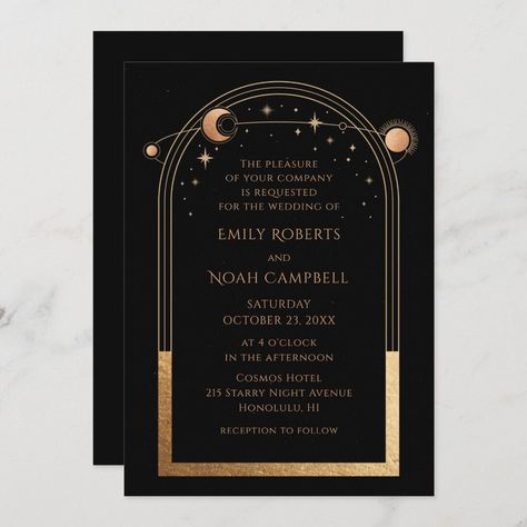 Mystical Black Gold Sun Moon Astronomy Wedding Invitation Astronomy Birthday, Astronomy Wedding, Space Invitation, Sun Moon And Stars, Custom Birthday Invitations, Moon Wedding, Celestial Wedding, Sun Moon Stars, Photo Wedding Invitations