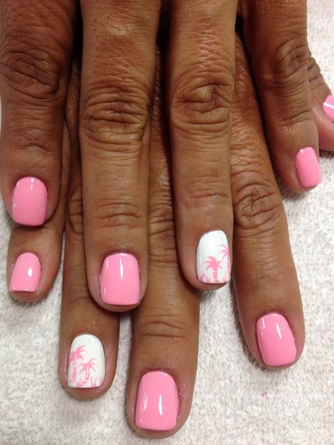 Florida Nails Coffin, Light Pink Tropical Nails, Cruise Nails Dip, Hot Pink Nails With Palm Tree, Beach Nails Palm Tree, Beach Nails Natural Nail, Pink Beach Nails Summer Time, Beach Vacay Nails Pink, Nails For Cruise Vacations 2023