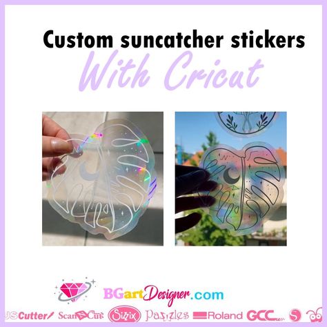 Transparent Stickers Cricut, Holographic Cricut Projects, Window Suncatcher Diy, Stickers With Cricut, Diy Suncatcher Cricut, Cricut Glass Projects, Cricut Window Cling Ideas, Cricut Suncatcher, Sun Catcher Cricut