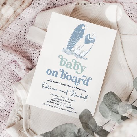 Surfer Baby Shower, Baby Shower Modern, Surfer Baby, Surf Baby, Baby Shower Invitation Wording, Shower Modern, Beach Baby Showers, Summer Baby Shower, Baby On Board