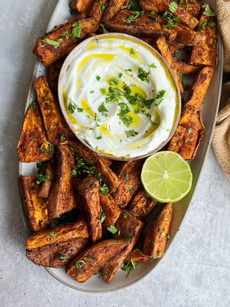 Chipotle Sweet Potato Fries with Whipped Feta - Something Nutritious Sweet Potato Feta, Whipped Feta Dip, Plantbased Recipes, Feta Recipes, Feta Dip, Sweet Potato Wedges, Whipped Feta, Haim, Potato Fries