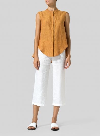 Golden Brown Linen A-line Sleeveless Top with Mandarin Collar Miss Me Outfits, Playsuits Outfit, Vivid Linen, Linen Sleeveless Top, Pranic Healing, Linen Tops, Linen Top Women, Long Skirt Outfits, Linen Fashion