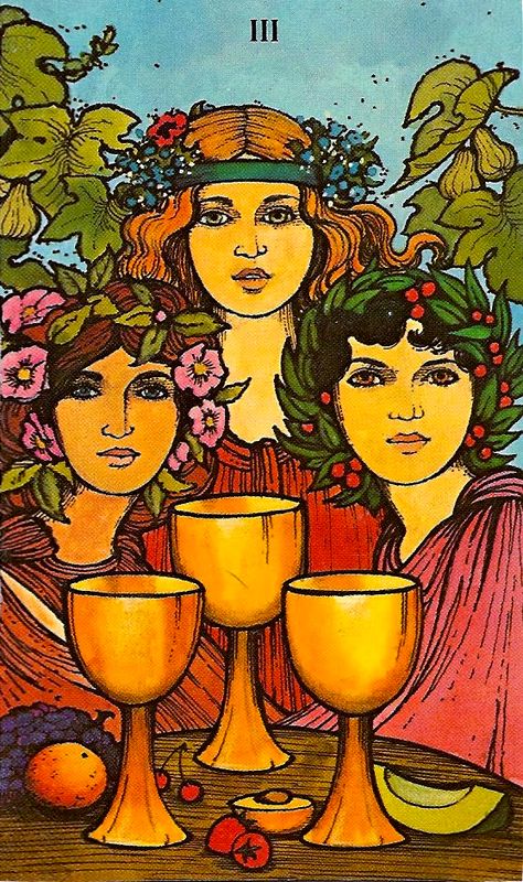 Three of Cups tarot card (morgan greer) Morgan Greer Tarot, Three Of Cups, Kartu Tarot, Tarot Significado, Cups Tarot, Fortune Telling Cards, Free Tarot Reading, Rider Waite Tarot, Free Tarot