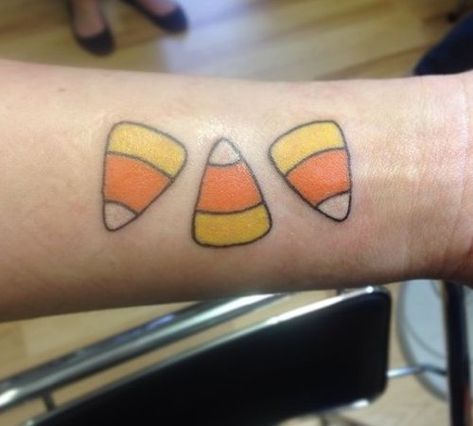 Halloween Candy Tattoo, Candy Corn Tattoo, Corn Tattoo, Lover Not A Fighter, Candy Tattoo, Parent Tattoos, Gold Tattoo, Classic Halloween, Different Tattoos