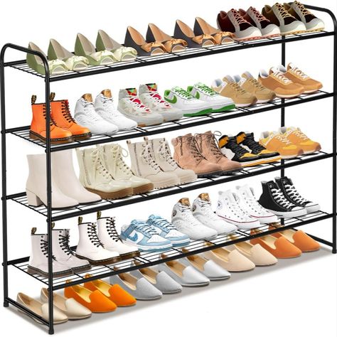 Say Goodbye to Mess: 4 Tier Shoe Rack holds up to 30 pairs of shoes, shoe rack for closet is 43" length, longer than others general metal shoe organizer, meet family members' shoe storage needs, such high heels, flats, sneakers, flip flops, sandals, wedges etc, find a home for your shoes, shoe shelf keep your closet and home away from mess. Heavy Duty Shoe Rack: Closet shoe organizer made of anti-rust metal tubes and wire grid, each tier shelf holding up to 15-20 lbs. Shoe Rack For Closet, Shoe Organizer For Closet, 4 Tier Shoe Rack, Organizer For Closet, Metal Shoe Rack, Stackable Shoe Rack, Closet Shoe Storage, Shoe Rack Closet, Shoe Shelf