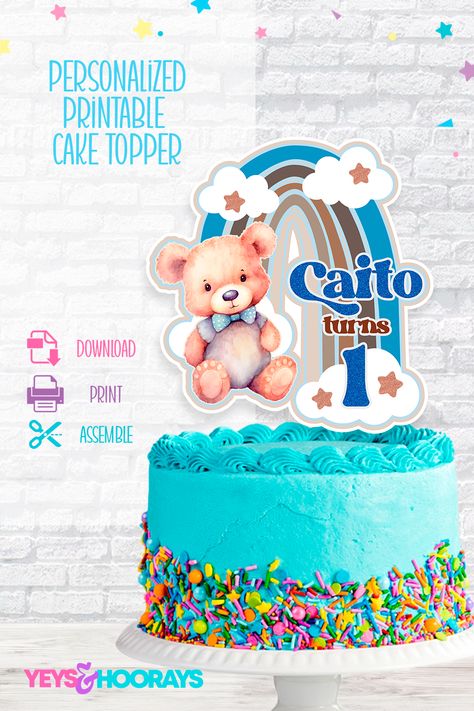 Add a touch of boho charm to your cakes with our delightful Boho Teddy Bear Cake Topper. This printable digital decoration is perfect for gender-neutral baby showers and birthdays. This cake topper captures the essence of a bohemian theme, featuring an adorable teddy bear surrounded by neutral colors and blue accents. With its DIY and downloadable PNG and PDF format, you can effortlessly create a unique and personalized cake topper and centerpiece for your special celebrations. Boho Teddy Bear Cake, Teddy Bear Cake Topper Printable, Bear Cake Topper Printable, Teddy Bear Cake Topper, Printable Cake Topper, Cake Topper Printable, Teddy Bear Cake, Digital Decorations, Bear Cake Topper