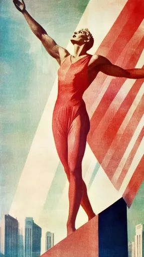 ↑↑↑ Larger size on website 🔸 A woman in a red leotard stands with her arms raised in a triumphant pose against a backdrop of a re Triumphant Pose, Head Tilted Back, Heroic Pose, Red Leotard, Propaganda Poster, Cup Noodles, Blue Flag, Propaganda Posters, American Woman