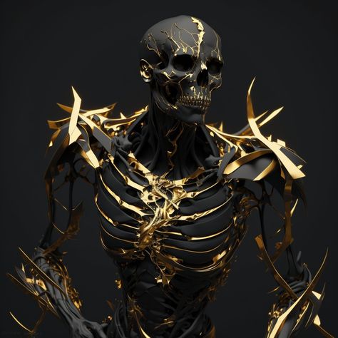 Black And Gold Skeleton, Golden Skeleton, Skeleton Body, Gold Skeleton, Black And Gold Aesthetic, Skeleton Drawings, Skull Crafts, Cyborgs Art, Mask Drawing