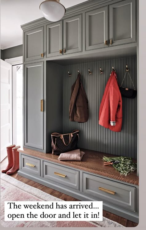 Mudroom Wardrobe Entryway, Coat Hallway Storage, Hidden Storage Entryway, Coat Cabinet Entryway, Diy Entryway Cabinet, Drop Zone Cabinet Ideas, Long Narrow Mudroom Ideas, English Country Mudroom, Entry Way Built In Cabinet Ideas