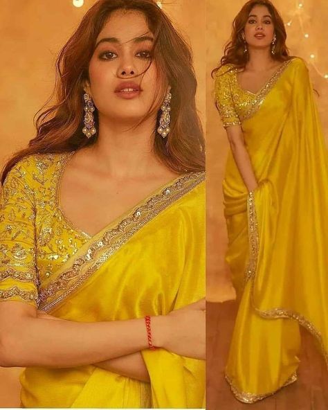 Janvi Kapoor, Tissue Sarees, Haldi Outfits, Simple Saree Designs, Fashionable Saree, Wedding Saree Blouse Designs, Fashionable Saree Blouse Designs, Janhvi Kapoor, Fancy Sarees Party Wear