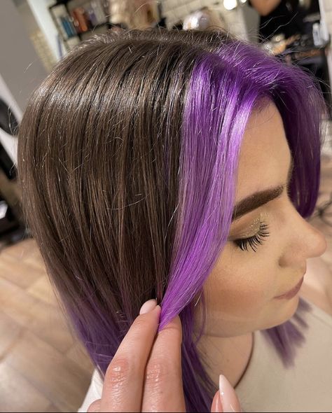 Colored Hair Tips Purple, Purple Front Hair Streaks, Pelo Morado Aesthetic, Purple Balayage Straight Hair, Straight Hair Purple Highlights, Purple Hair Front Strands, Purple Front Pieces Of Hair, Purple Underneath Hair, Purple Hair Streaks