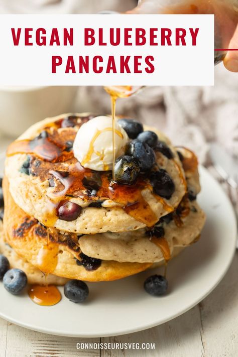 These vegan blueberry pancakes are light, fluffy, and bursting with juicy blueberries. They're absolutely scrumptious and can be whipped up in minutes! Vegan Blueberry Pancakes, Blueberry Buttermilk Pancakes, Vegan Blueberry Muffins, Blueberry Pancakes Recipe, Vegan Pancake Recipes, Blueberry Pancake, Pancake Calories, Vegan Breakfasts, Vegan Whipped Cream