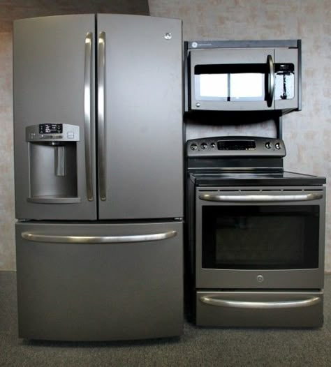 GE's new "slate" appliances - sleeker than stainless steel and no fingerprints. Slate Appliances, Double Ovens, Outdoor Kitchen Appliances, Appliances Kitchen, Up House, Kitchen Redo, Kitchen Remodel Idea, Kitchen Makeover, No Place Like Home