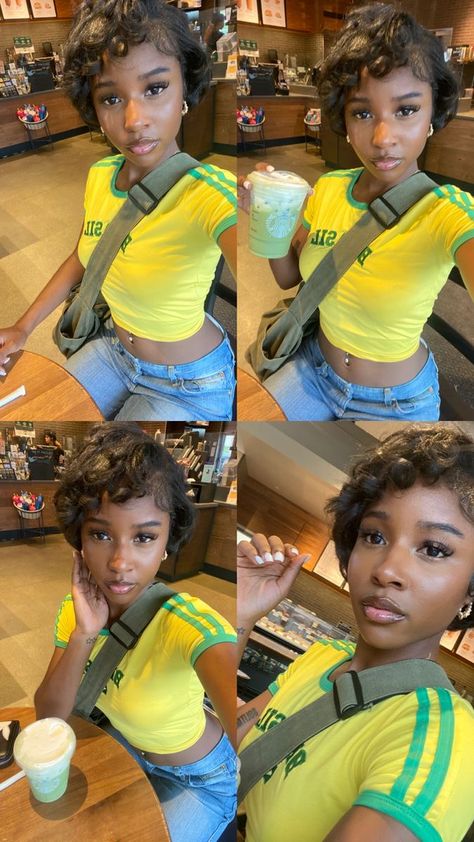 ˚୨୧⋆ @bella2angel Short Curly Hair Outfits Summer, Jaida Bunni Aesthetic, Pixie Fashion Outfits, Jaidabunni Outfits, Pixie On Black Women, Short Hair Outfits Black Women, Jaida Bunni Outfits, Pixie Cut Black Women Natural Hair, Jaida Bunni