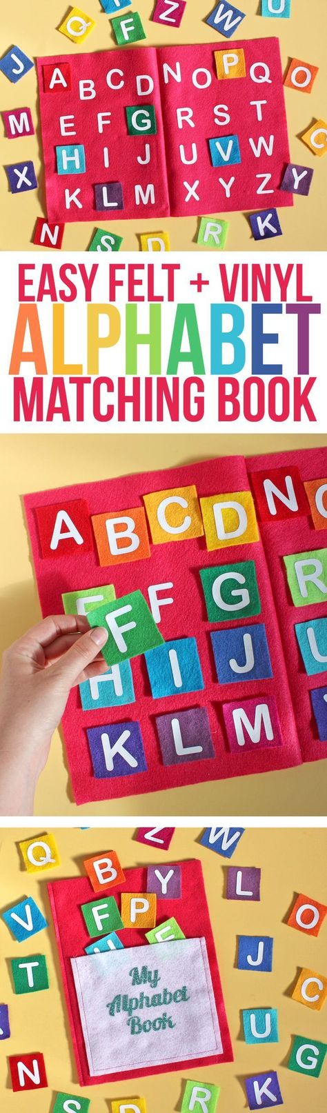 Alphabet Matching Game | Felt Quiet Book Ideas | Heat Transfer Vinyl on Felt | Felt Book Craft for Toddlers and Preschoolers | Handmade gift ideas for young children Alphabet Matching Game, Book Craft, Diy Quiet Books, Alphabet Matching, Toddler Quiet Book, Felt Books, Felt Quiet Books, Board Games For Kids, Felt Book