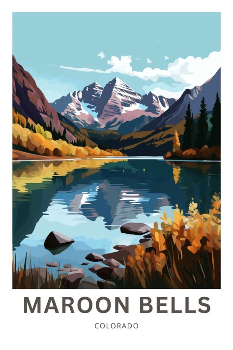 Maroon Bells Colorado, Illustration Art Poster, Cards Poster, Maroon Bells, Gouache Art, Poster Wall Decor, Beautiful Travel, National Park Posters, Poster Vintage